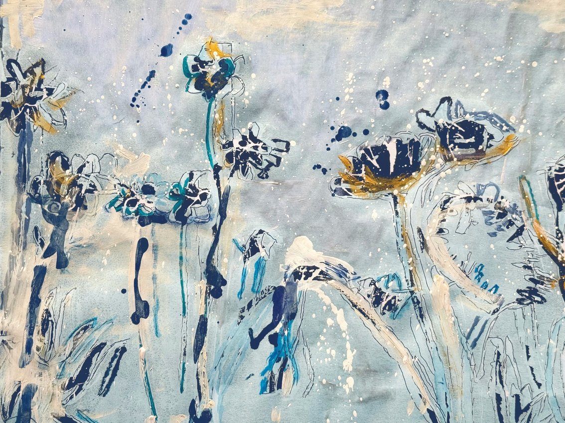 Geschilderde veldbloemen in ijsblauw, donkerblauw en goud, het beeld van de Wintermarkt van De Sperwer op 11 december 2026