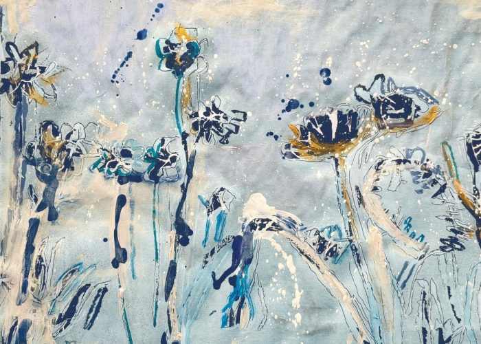 Geschilderde veldbloemen in ijsblauw, donkerblauw en goud, het beeld van de Wintermarkt van De Sperwer op 11 december 2026